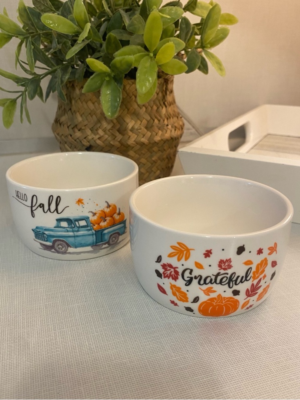 Grateful & Hello Fall Ceramic Bowls - Set of 2 (White/Orange/Blue)